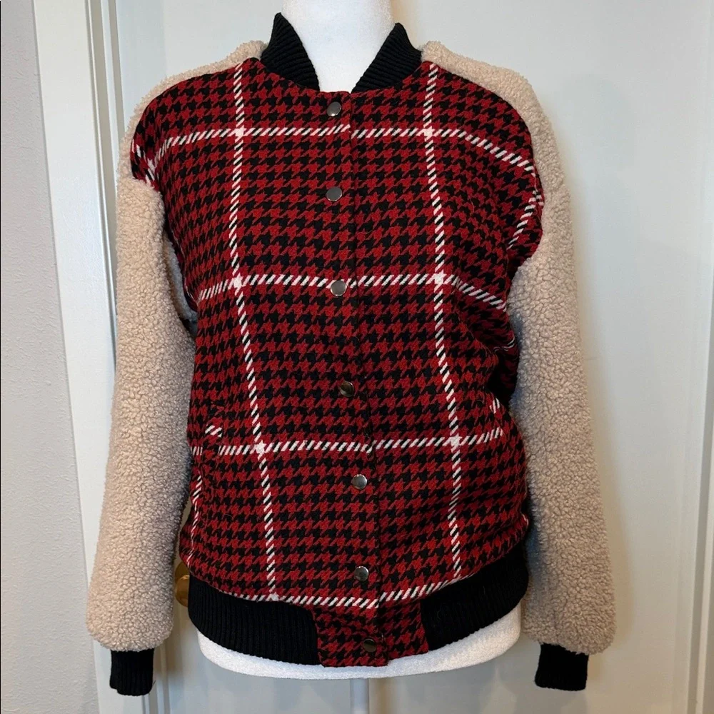 Ro & De Faux Shearling Varsity Bomber Jacket Women’s Small Red Plaid
